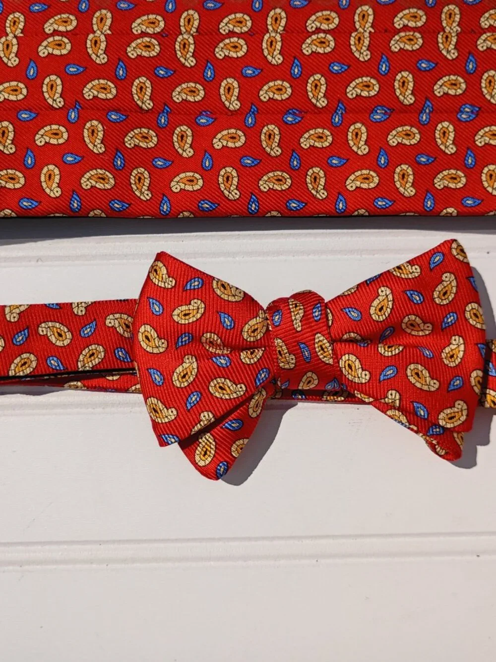 NEW R Hanauer Silk Bow Tie and Cummerbund Set Red Yellow Paisley Made in USA Vtg